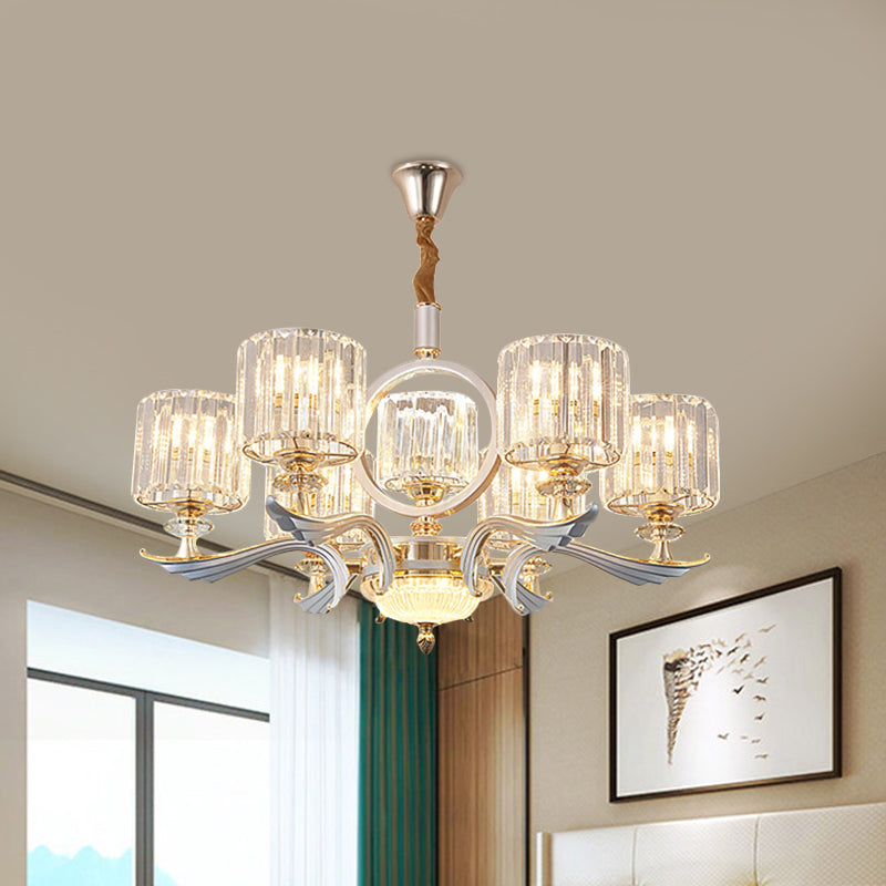 Minimalist Clear Crystal Drum Pendant Chandelier With 6 Gold Bulbs - Modern Hanging Ceiling Light