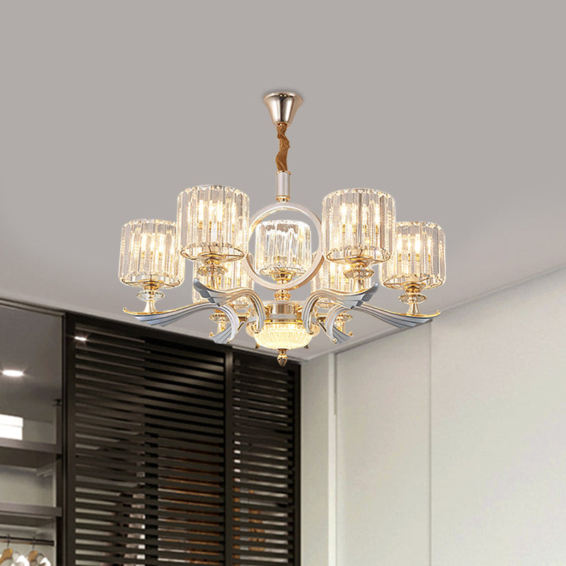 Minimalist Clear Crystal Drum Pendant Chandelier With 6 Gold Bulbs - Modern Hanging Ceiling Light