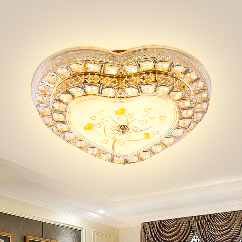 Gold Led Bedroom Ceiling Lamp With Modern Design & Clear Crystal Heart Shade