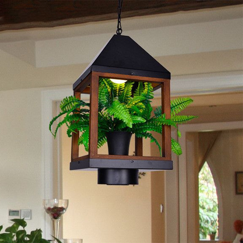 Factory-Black Metallic Pavilion Pendant Lamp With Bonsai For Dining Room