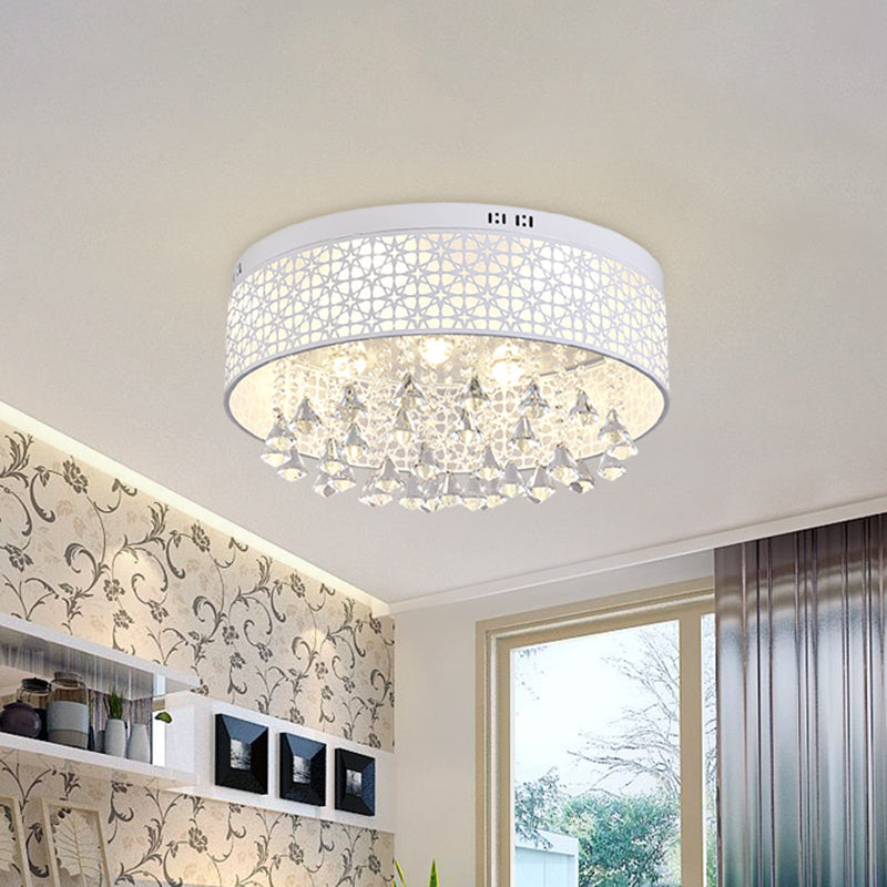 Modern Led Flush Mount Ceiling Light With Crystal Droplet - White Drum Design
