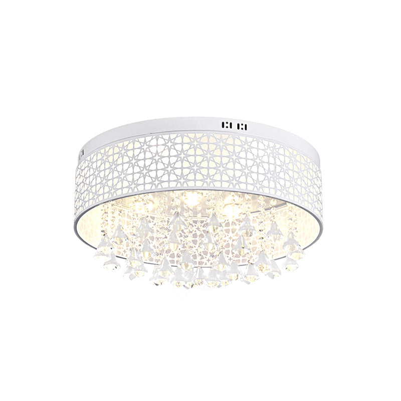 Modern Led Flush Mount Ceiling Light With Crystal Droplet - White Drum Design