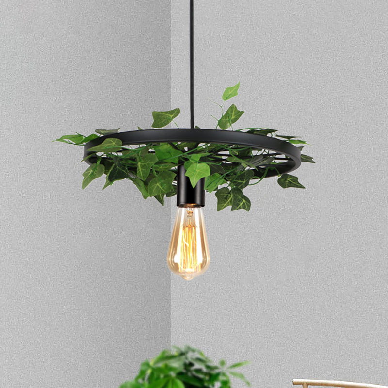 Industrial Metal Black Hanging Light With 1 Head Wheel Kit And Plant Deco - Ceiling Pendant