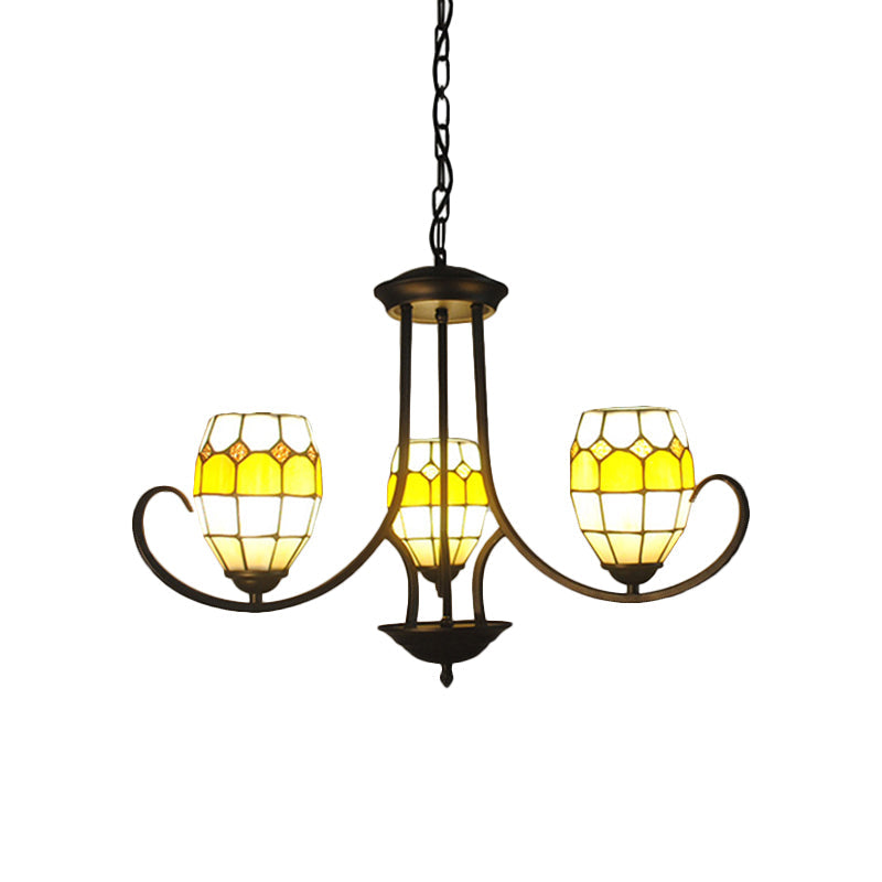 Yellow Stained Glass Tiffany Chandelier with 3 Oval Pendant Lights for Bedroom Lighting
