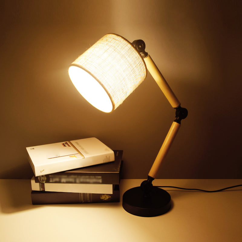 Adjustable Wood Arm Black Desk Light: Simple Cylinder Fabric Table Lamp For Bedroom - 1 Light