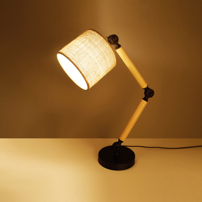 Adjustable Wood Arm Black Desk Light: Simple Cylinder Fabric Table Lamp For Bedroom - 1 Light