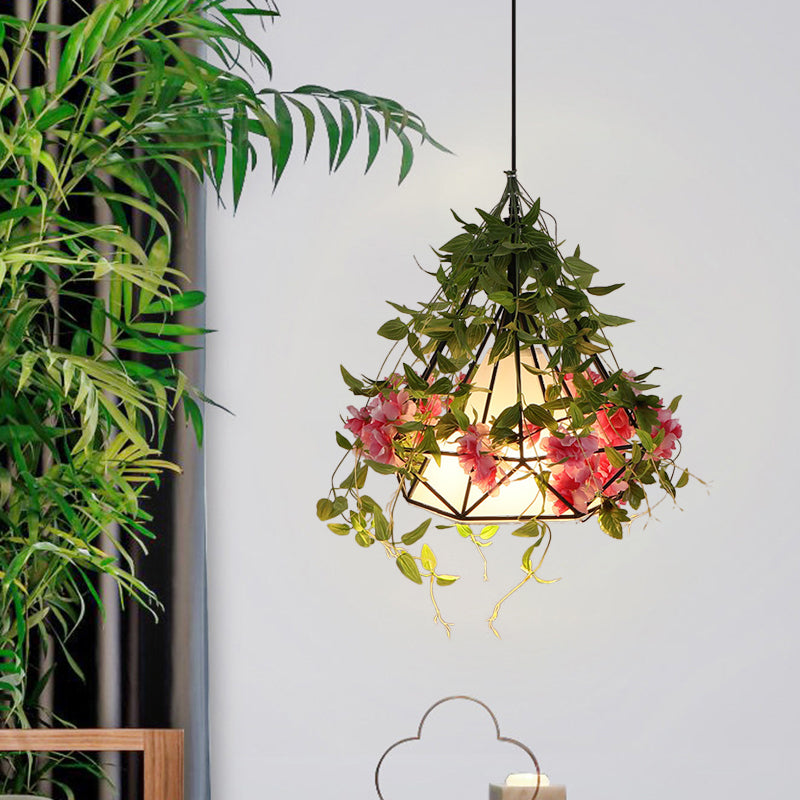 1-Light Diamond Cage Pendant Hanging Light Fixture - White/Red With Artificial Floral Deco For