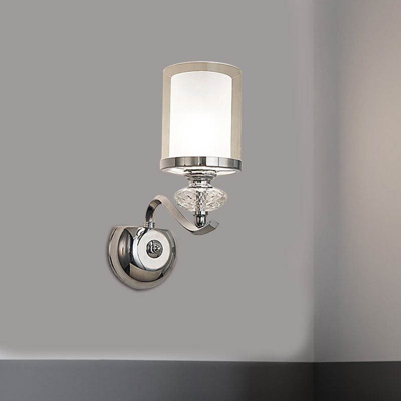 Modern Chrome Dual Cylinder Wall Mount Sconce With Curvy Arm - Simple Bathroom Lighting 1 /