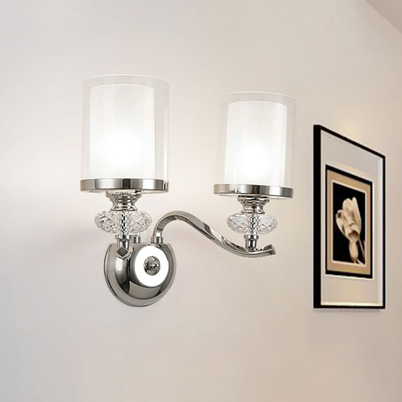 Modern Chrome Dual Cylinder Wall Mount Sconce With Curvy Arm - Simple Bathroom Lighting 2 /