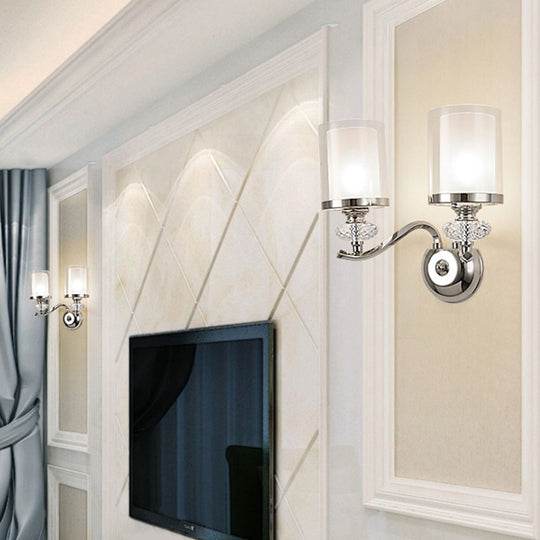 Modern Chrome Dual Cylinder Wall Mount Sconce With Curvy Arm - Simple Bathroom Lighting
