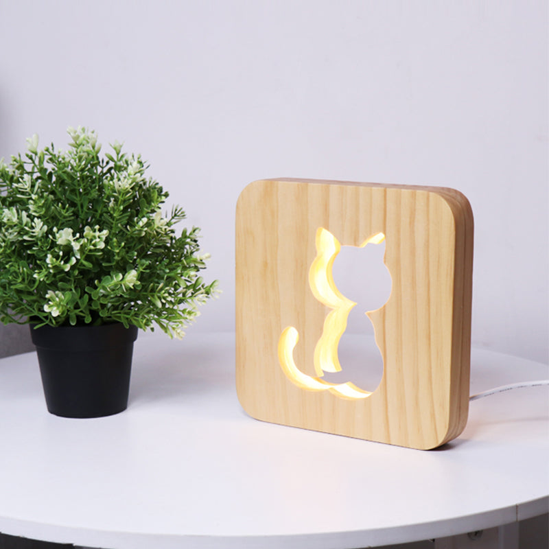 Modernist Beige Wood Etched Cat Night Light With Led Square Frame - Perfect For Bedside / Usb