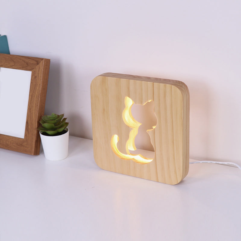 Modernist Beige Wood Etched Cat Night Light With Led Square Frame - Perfect For Bedside