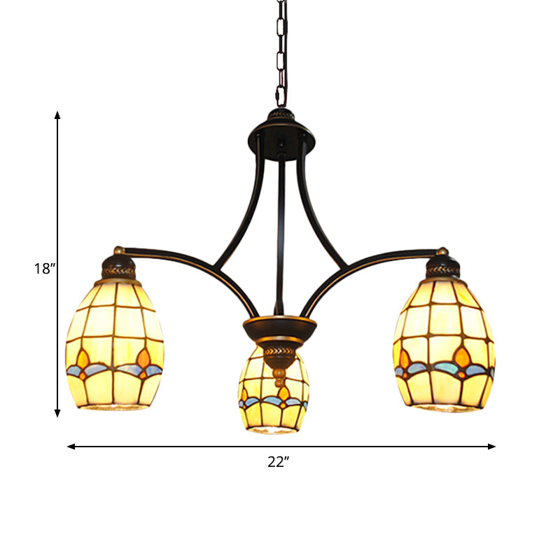 Rustic Magnolia Chandelier With Oval Glass Shade - 3 Light Pendant In Beige