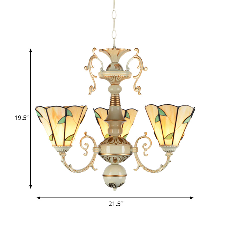 Traditional Beige Glass Leaf Chandelier with 3 Lights and Adjustable Chain