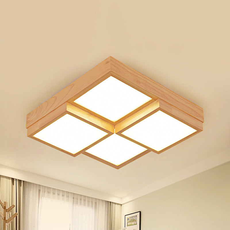 Modern Natural Wood Square Flush Mount Ceiling Light - 4/6/9-Light LED Wooden Fixture in Warm/White/Natural Tones