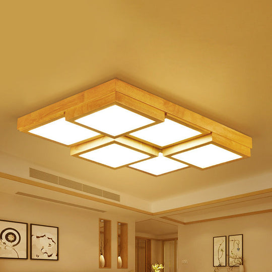 Modern Natural Wood Square Flush Mount Ceiling Light - 4/6/9-Light Led Wooden Fixture In