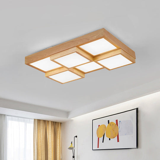 Modern Natural Wood Led Ceiling Lamp - Square Flush Shape With 4/6/9-Light Options In