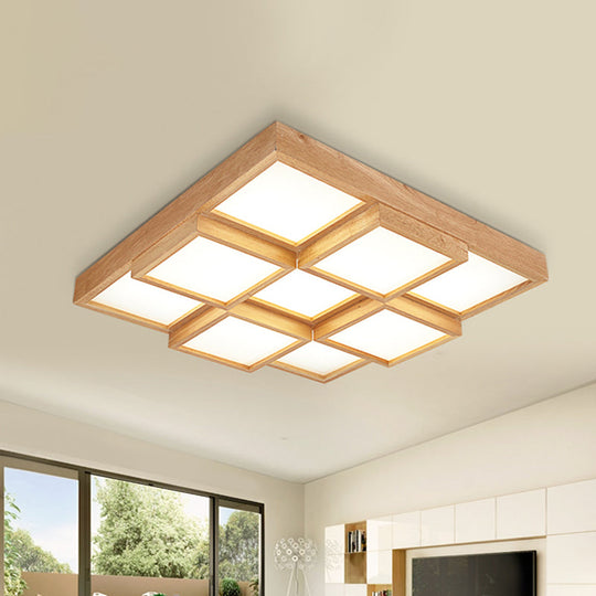 Modern Natural Wood Square Flush Mount Ceiling Light - 4/6/9-Light Led Wooden Fixture In