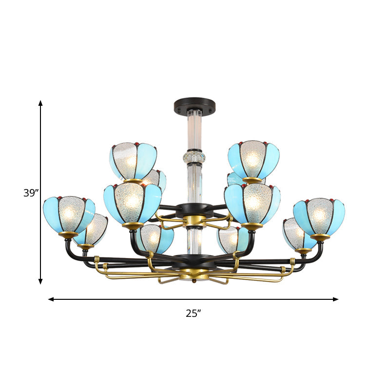 Scalloped Chandelier with Blue Glass and Vintage Pendant Light for Living Room