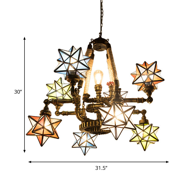 Multi-Light Tiffany Hanging Chandelier with Colorful Glass Stars and Pipes for Store