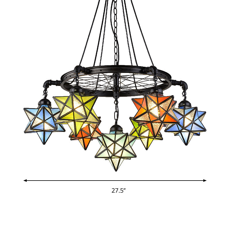 Tiffany Rustic Star Chandelier - Black Wheel 7-Light Stained Glass Drop Ceiling Light for Library