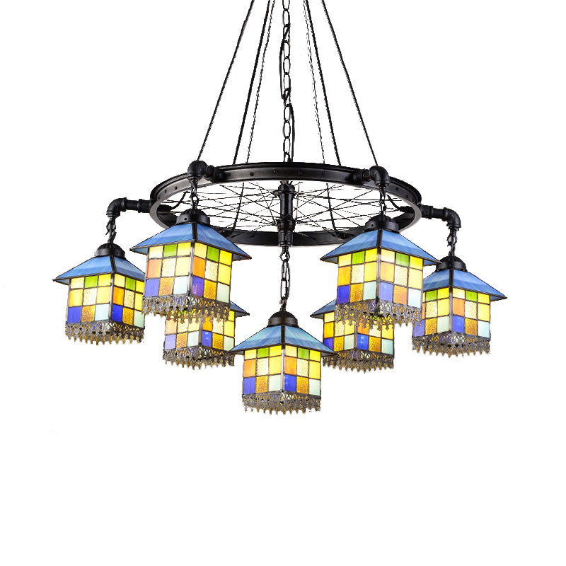 7-Light Lodge Chandelier with Colorful Glass Shades and Black Wheel for Library