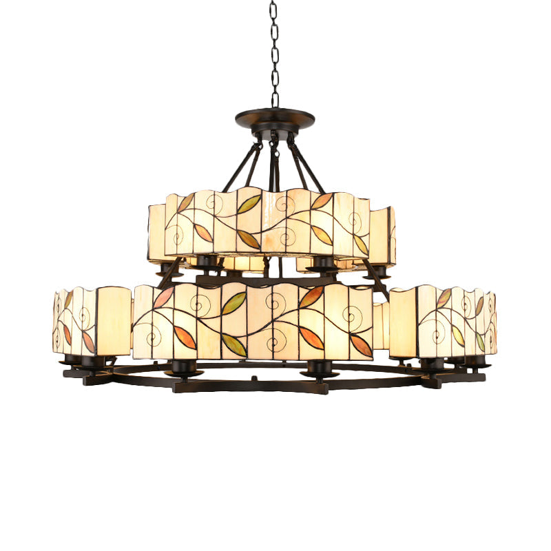 Stained Glass Chandelier: Traditional 2-Tier Leaf Suspension Light with Metal Chain in Black Finish