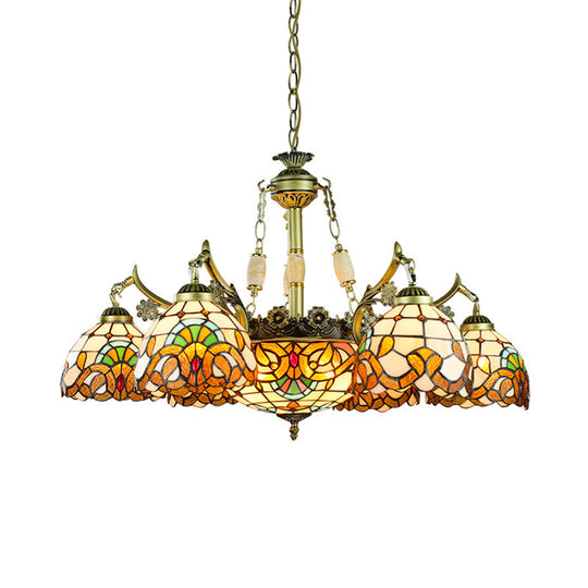 Yellow Stained Glass Chandelier - Elegant 9/11 Lights Victorian Pendant Lighting for Living Room with Domed Shade