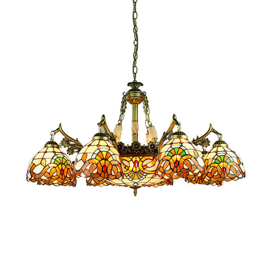 Yellow Stained Glass Chandelier - Elegant 9/11 Lights Victorian Pendant Lighting for Living Room with Domed Shade