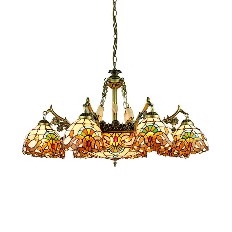 9/11 Lights Victorian Yellow Chandelier Lamp With Stained Glass Shade For Living Room