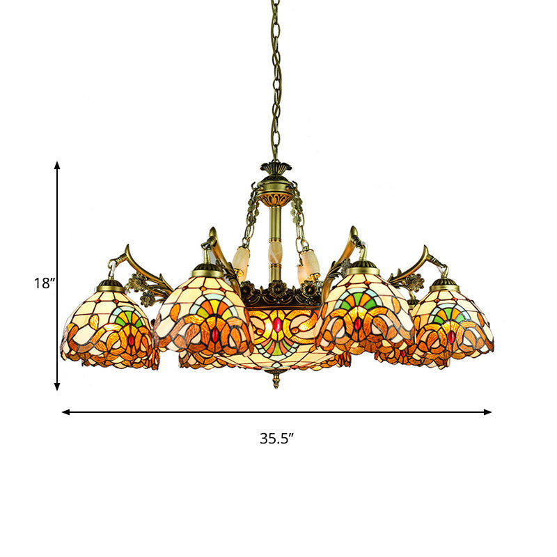 Yellow Stained Glass Chandelier - Elegant 9/11 Lights Victorian Pendant Lighting for Living Room with Domed Shade