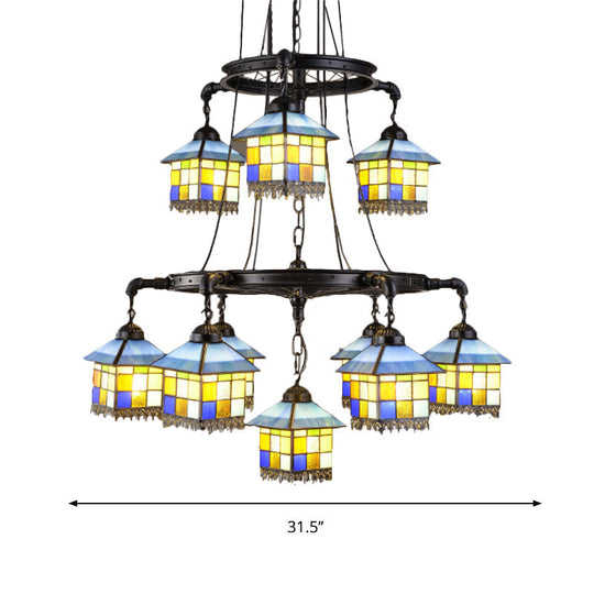 Lodge Style 2-Tier Stained Glass House Suspension Light Chandelier In Black For Living Room Décor