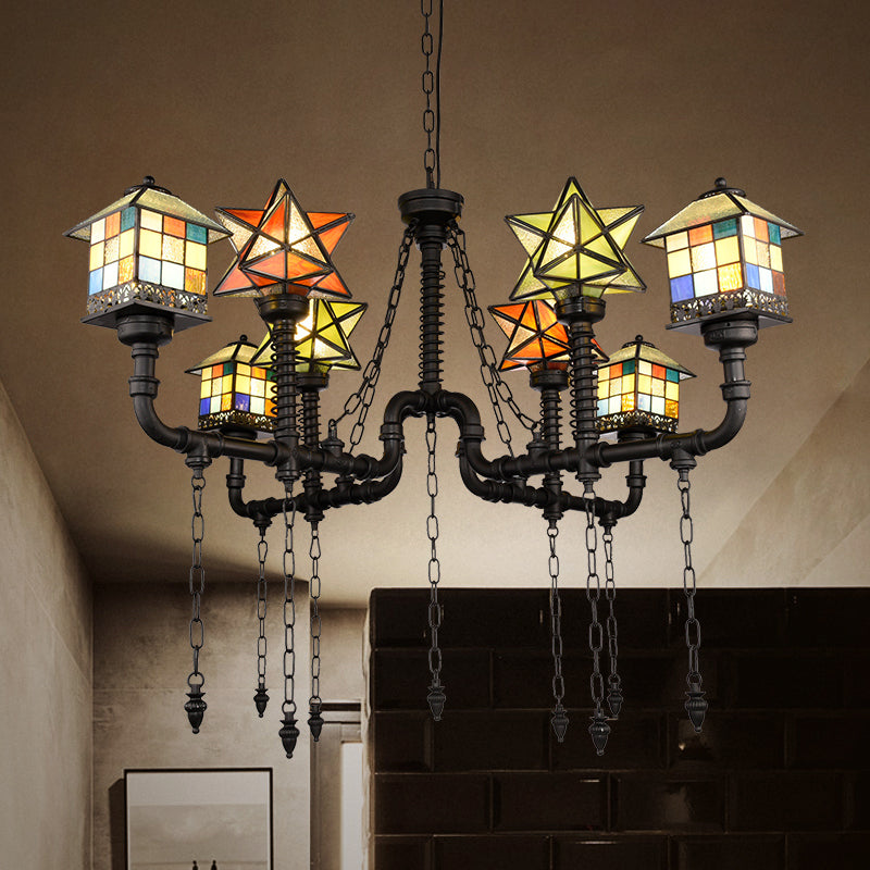 Antique Rustic House and Star Stained Glass Chandelier Ceiling Light for Living Room