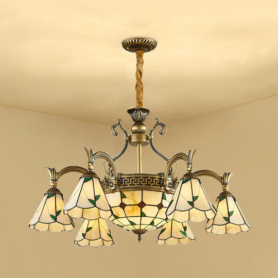 Country Style Dome Pendant Light with Stained Glass Chandelier in Beige - 9/11 Cone Lights