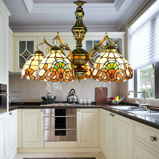 Victorian Stained Glass Dome Chandelier - 5-Light Indoor Lighting for Dining Table