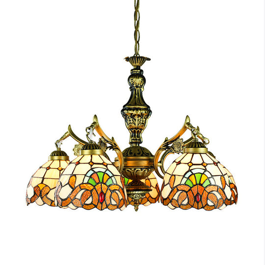 Stained Glass Victorian Dome Chandelier - 5-Light Indoor Lighting For Dining Table