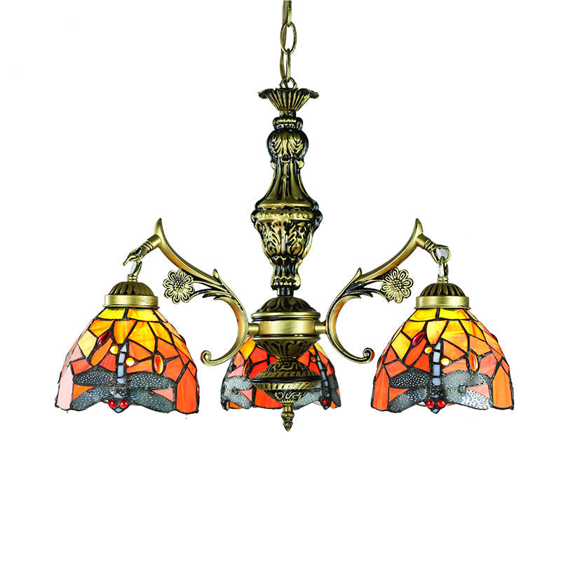 Dragonfly Stained Glass Chandelier with 3 Pendant Lights for Dining Room