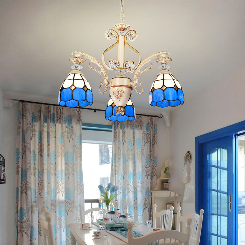 Adjustable 3-Light Blue Glass Dome Chandelier for Foyer Pendant Lighting with Chain