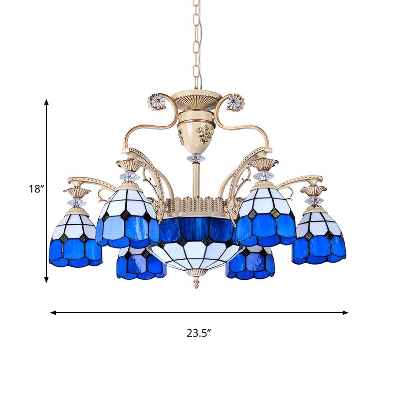 Tiffany Stained Glass Chandelier - 9-Light Blue Grid Ceiling Lamp