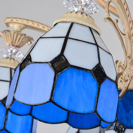 Blue Stained Glass Chandelier with Tiffany Grid Pattern and 9 Lights