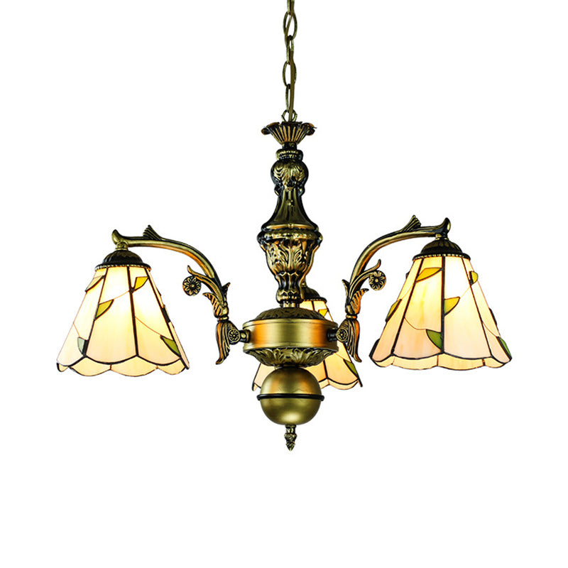 Rustic Cone Chandelier with Leaf Pattern - 3 Beige Glass Lights