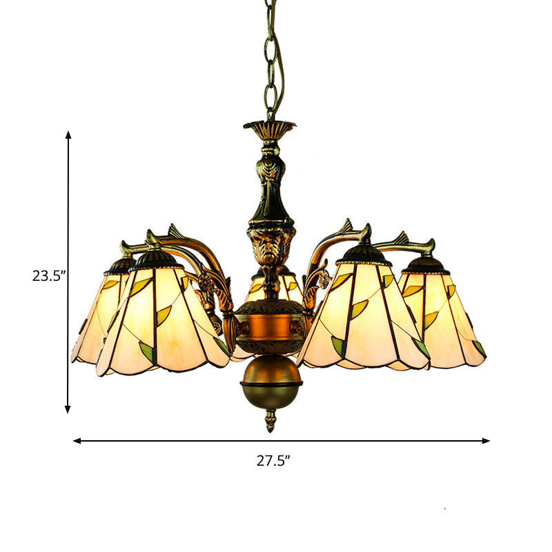 Rustic Beige Chandelier with Curved Arms, Leaf Glass, and 5 Pendant Lights on Hanging Chain