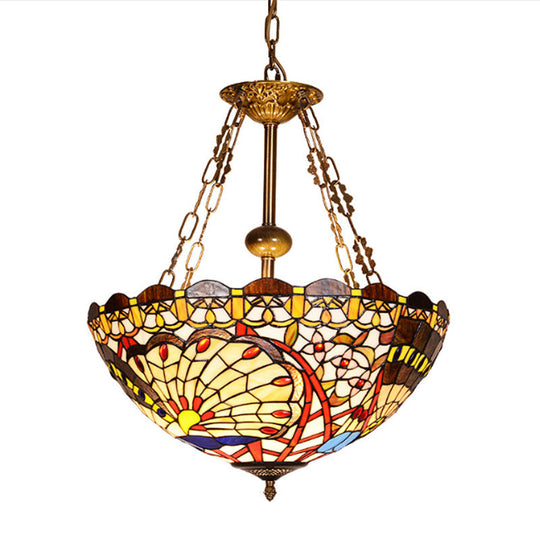 Victorian Pendant Light With Stained Glass Shades - 3 Bulbs Bowl Chandelier In Multi Color