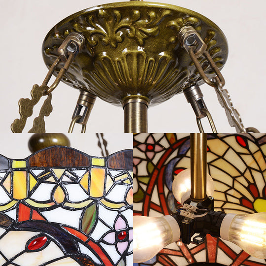 Victorian Stained Glass Bowl Chandelier with 3 Bulbs - Multi Color Pendant Light