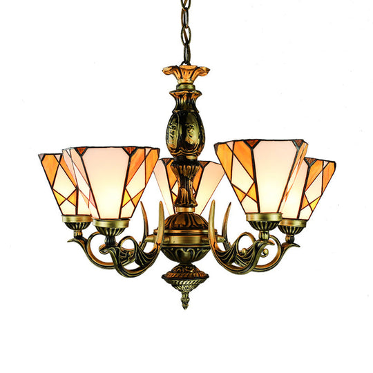Tiffany Stained Glass Cone Chandelier Light with Metal Chain - 5 Lights for Bedroom