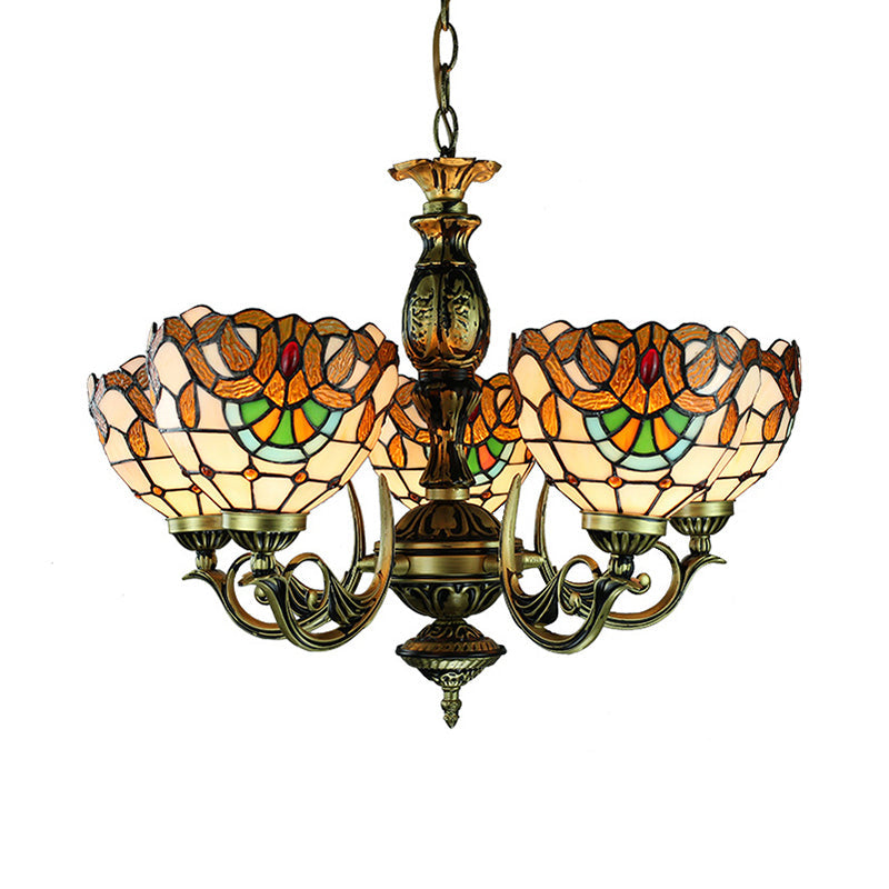 Victorian Stained Glass 5-Light Pendant Chandelier with Height Adjustment
