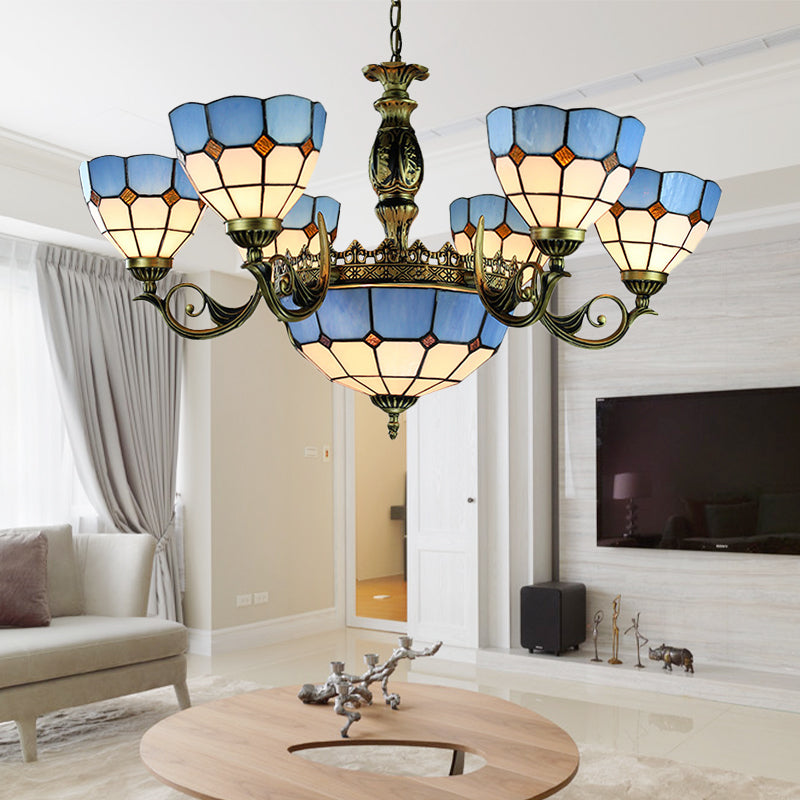Nautical Stained Glass Dome Chandelier with Blue Pendant Lights for Living Room Ceiling