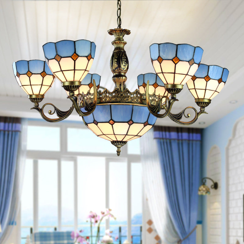 Nautical Stained Glass Dome Pendant Chandelier - Blue 9 Lights Ceiling Light For Living Room