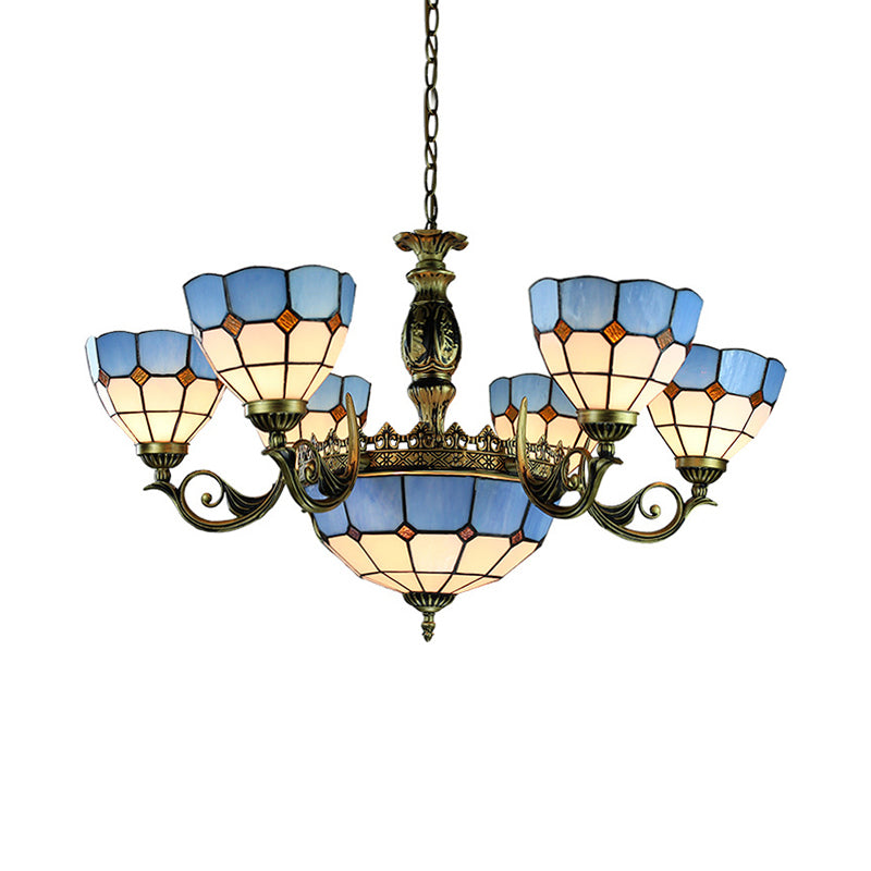Nautical Stained Glass Dome Chandelier with Blue Pendant Lights for Living Room Ceiling