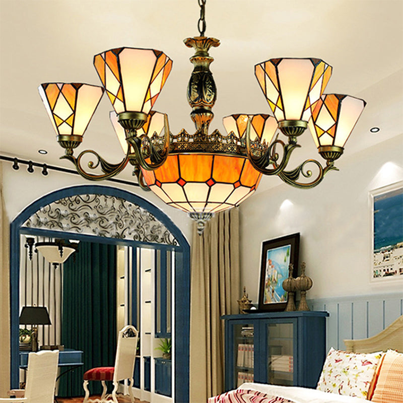 Yellow Tiffany-Style Stained Glass Pendant Chandelier for Bedroom - 9-Light Ceiling Lamp